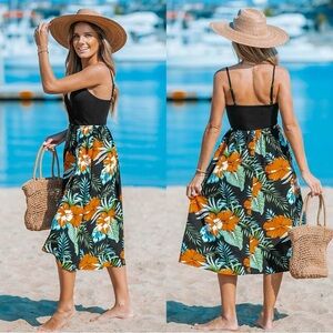 Cupshe Black Floral Midi Dress with Orange & Green Print